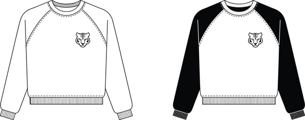 Technical vector fashion flat sketch of a raglan sleeve sweatshirt with tiger embroidery detail, ribbed cuffs, and hem for apparel design © Shafiqul