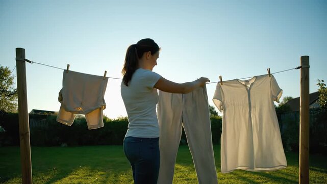 Woman hanging freshly washed clothes on a clothesline in a sunlit garden, showcasing the process of laundry and the joy of outdoor chores in a serene environment