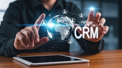 Businessman Interacting with Global CRM System and Digital Tablet.