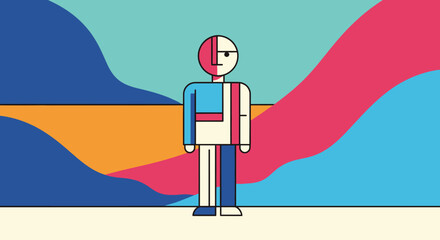 Stylized Geometric Human Figure in Vibrant Abstract Landscape Minimalist Design
