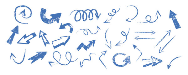 Blue arrow set with rough chalk texture. Curved, spiral, zigzag and straight arrows in sketch style. Expressive doodle arrows for direction, navigation and infographic design, isolated on white.