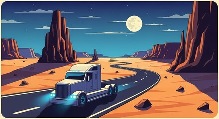 Moonlit Desert Drive Semi Truck Adventure Through Arid Landscape