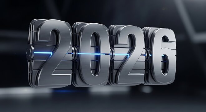 A bold visual of metallic numbers &ldquo;2025&rdquo; flipping mechanically into &ldquo;2026,&rdquo; inspired by a high-tech split-flap display.