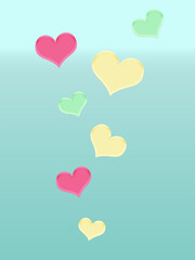 ハートが舞うロマンティックなイラスト（グリーン）ー グリーンのグラデーションにピンピンク・イエロー・グリーンのハートがふわりと浮かぶかわいいな背景素材。ポストカード、ポスター、マスキングシールブック、フレークシール、ノート表紙、メッセージカード、クリアファイル等に最適。バレンタインやウェディングにも。