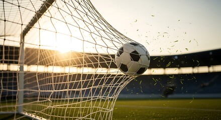A dynamic action shot of a soccer ball hitting the inside of the goal net at the moment of scoring, with the net stretched and moving from the impact