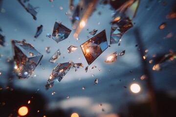 Shattered glass fragments flying against city skyline at dusk