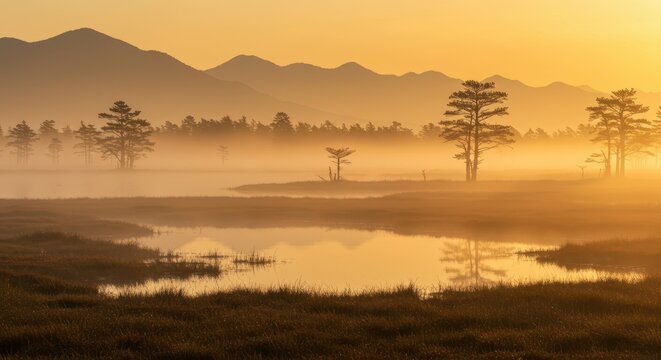 Golden sunrise over a misty, muddy swamp landscape featuring reflections, silhouettes of trees, and hazy mountain peaks ,beauty ,dawn ,peaks