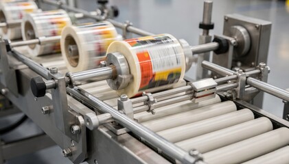 Medium shot of automated wraparound label application on cylindrical containers showcasing precise alignment and smooth wrapping in a highspeed packaging line.