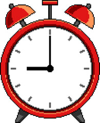 Pixel art alarm clock. Retro digital style clock icon with classic bell design. Isolated object for game interface, app graphics, UI elements, and nostalgic visual projects. Vector illustration.