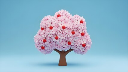 3D pink flower tree with red fruit, soft, aesthetic and decorative appearance.