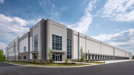 Fototapeta premium Large Industrial Warehouse Exterior with Loading Dock Under Blue Sky and Clouds
