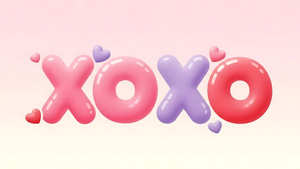 Glossy balloon style word xoxo with pink and purple hearts on soft pastel background. Playful valentine greeting