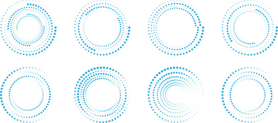 Set of abstract dotted circular ring patterns on a white background. Blue halftone style dots form modern radial and concentric designs. Ideal for data visualization, technology graphics, and modern d