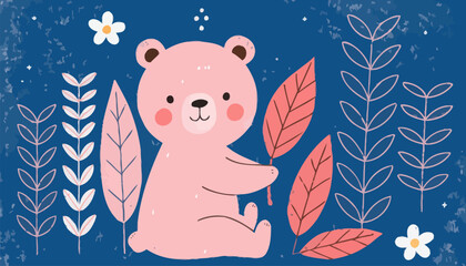Cute pink bear sitting with colorful leaves and flowers
