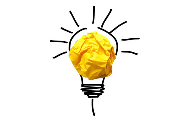 Crumpled yellow paper in lightbulb idea isolated on a transparent background