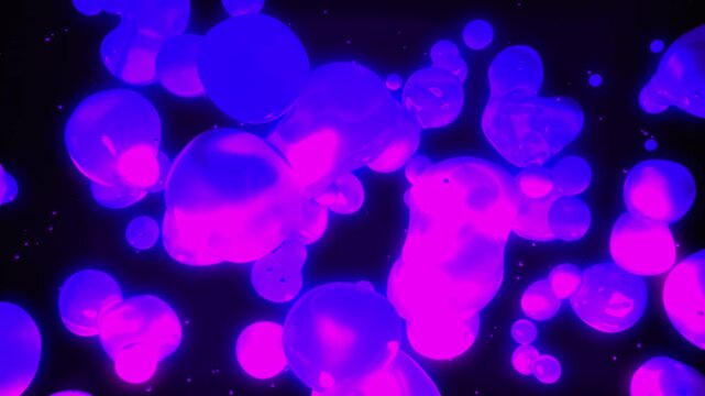 Abstract lava lamp bubbles floating. 3d animation of glowing lava lamp blobs. Abstract neon purple fluid blobs seamless loop. Luminous liquid blobs rising in a retro lava lamp style