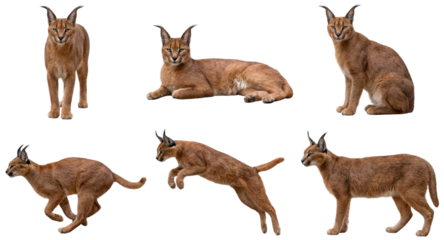 set of a caracal in different poses, sitting, jumping, running isolated on a transparent background