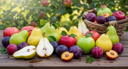 Abundant harvest of fresh pears apples and plums outdoors
