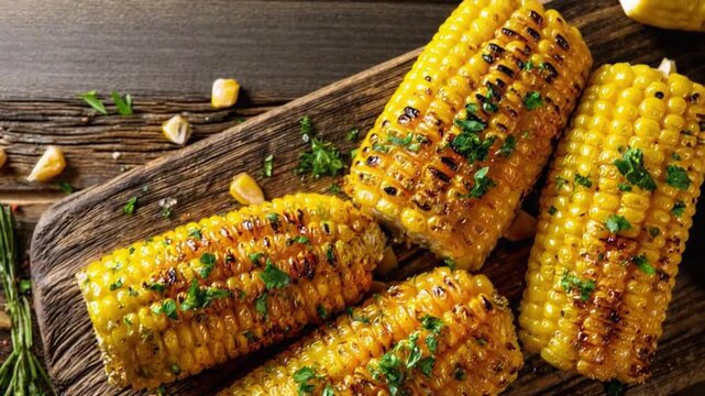 Grilled Corn on the Cob: Savor the tantalizing aroma of golden-brown grilled corn on the cob, a culinary delight that perfectly complements any occasion.