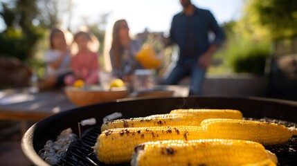 Warm family barbecue joy laughter fills a sunny garden home life togetherness delicious grilled corn stock photo
