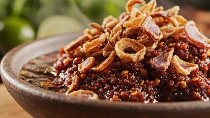 A closeup shot of a rich dark and spicy chili paste or relish generously topped with crunchy cashew nuts being served into a rustic bowl highlighting its vibrant texture and appetizing appeal for tra.