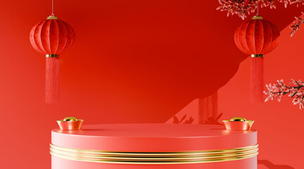 Minimalist chinese new year background with red podiums and lanterns. 3D rendering