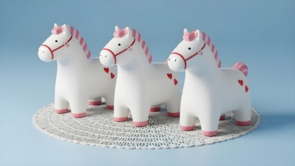 Three cute 3D toy horses in pink and white, cute, decorative and cheerful style.