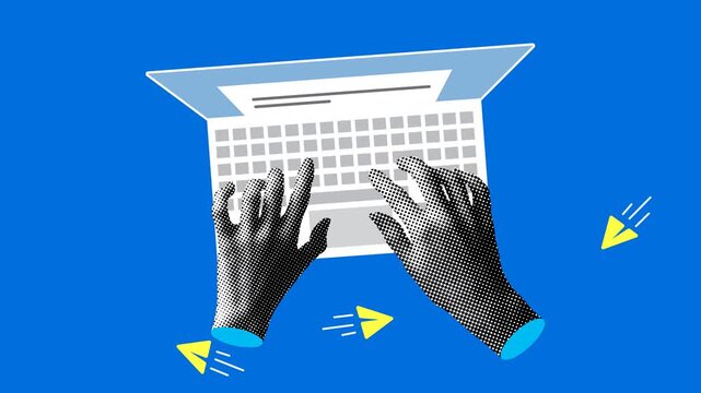 Hands typing on a keyboard. Modern collage with halftone hands and laptop. Person using a laptop from above. Top view. Remote work. Sending emails, messages. Correspondence, chatting. Animation
