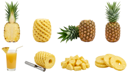 set of pineapples in different variations, whole, sliced, peeled isolated on a transparent background