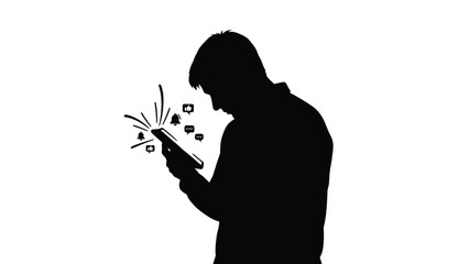 Silhouette of a man engrossed in his smartphone receiving numerous interactive social media notifications including likes bells and message bubbles illustrating digital engagement and online attention