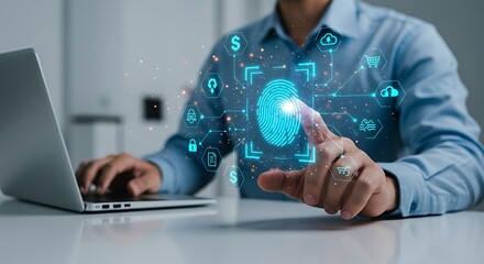 Cybersecurity and Digital Identity: Concept of futuristic biometric authentication with glowing fingerprint icon and interconnected tech symbols