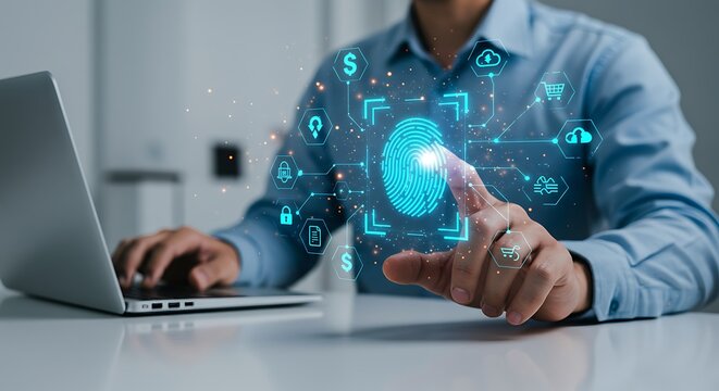 Cybersecurity and Digital Identity: Concept of futuristic biometric authentication with glowing fingerprint icon and interconnected tech symbols - Powered by Adobe