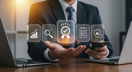 Digital Data Analytics and Quality Certification Concept: Businessman Monitoring Progress and Checklist Icons on Virtual Interface in Office