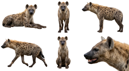 set of a spotted hyena in different poses, standing, walking, sitting isolated on a transparent background
