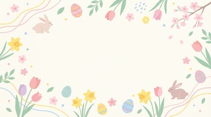 Springtime celebrations featuring bunnies and colorful eggs in a charming floral background for easter festivities ideal for artistic and seasonal projects