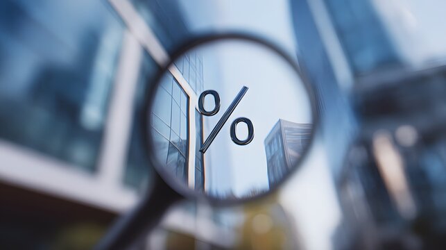 Financial growth visualized percent symbol magnified against a modern city skyline concept - Powered by Adobe