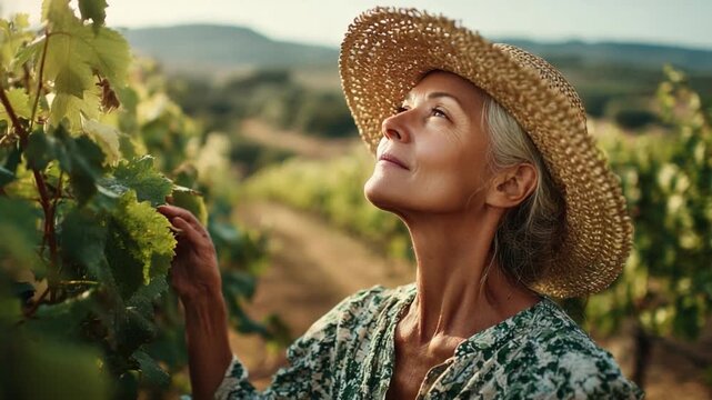 Vineyard serenity: A woman wearing a straw hat gently touches the verdant leaves in a lush vineyard, basking in the tranquil light amidst the rows of grapevines.