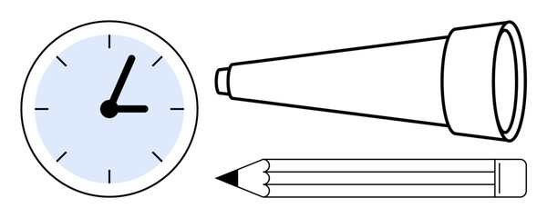 Time management, creativity, exploration, education, planning, innovation. Simple s of a clock, telescope and pencil. Time management and creativity visually © robu_s