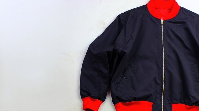 reversible. A reversible jacket lying on a plain surface, one side blue and the other red. lifestyle magazines, social media lookbooks, designed for lifestyle magazines and social media content.
