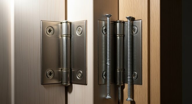 Comparison of short versus long screws in door hinges showing benefits of using extended screws for lasting hinge support.