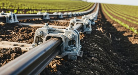 Detailed footage focusing on the connection joints and clamps fastening railcam dolly track sections on soil embankments around cultivated farmland.