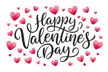 Happy Valentines Day message with pink hearts on white isolated on a transparent background