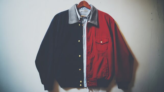 reversible. A reversible jacket lying on a plain surface, one side blue and the other red. lifestyle magazines, social media lookbooks, designed for lifestyle magazines and social media content.