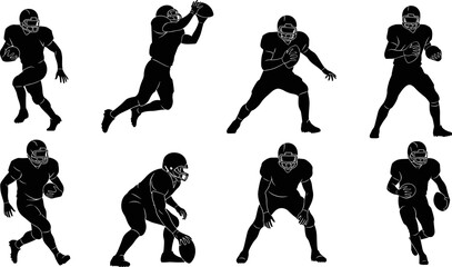 American football player silhouette vector set, action poses running catching throwing collection, sports athlete illustration, professional gridiron gameplay figures isolated on white background © Goutom