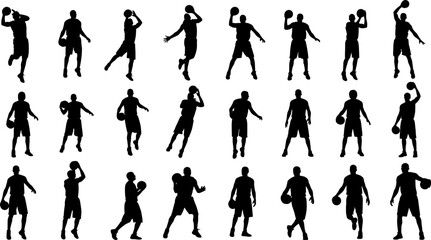 Basketball player silhouettes collection, dynamic sport action poses, athletes jumping, dribbling, shooting ball, black vector illustration set for training, fitness, competition © Goutom