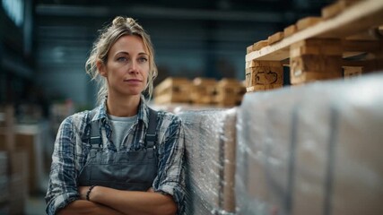Focused in the Warehouse: A confident woman, dressed in work attire, stands amid a well-organized warehouse, embodying the strength and dedication of the industrial world.