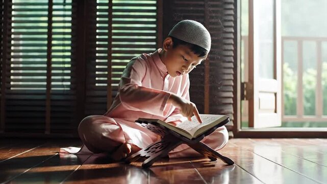 Young Muslim Boy in Traditional Attire Reading Holy Quran on Rehal at Home, Practicing Islamic Faith and Education