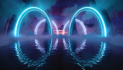 Futuristic Neon Arches over Water with Fog and Twilight Sky Background