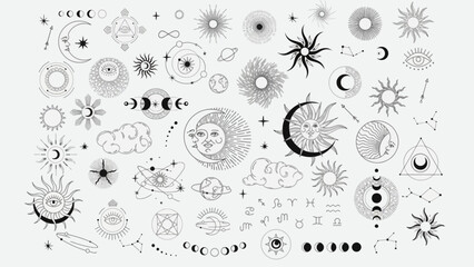 Elegant collection of mystical celestial symbols, featuring suns, moons, stars, and cosmic elements for spiritual and astrological designs © dale