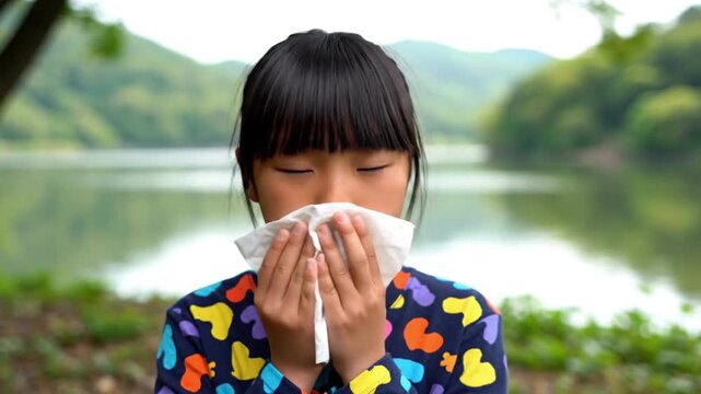 Young girl blowing her nose with a tissue outdoors, experiencing seasonal allergies or a cold against a blurry green natural background by a lake.